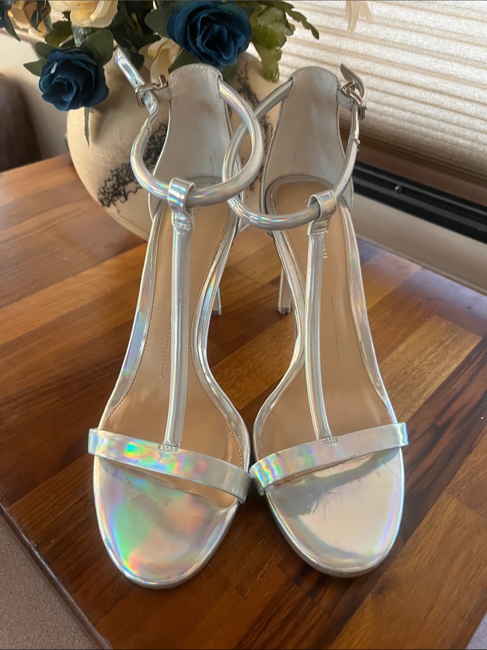 Gianni BIni Holographic Silver T-Strap Stiletto Heels